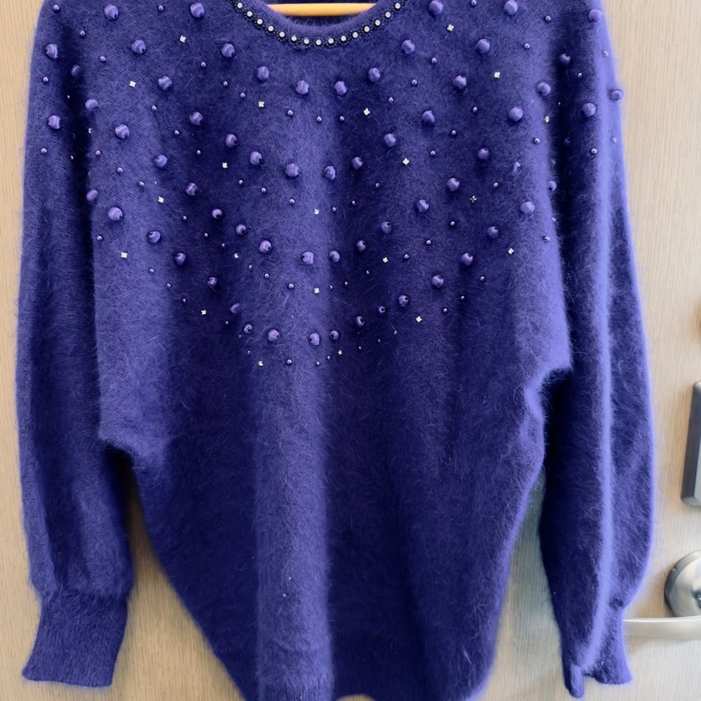 Vintage Eddie Qassim Angora Beaded Sweater 80s Glam Purple